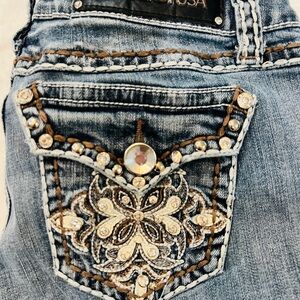 L.A. Idol Blue Jeans with Leather and Crystal Embellished Pockets size 9 (31/34)